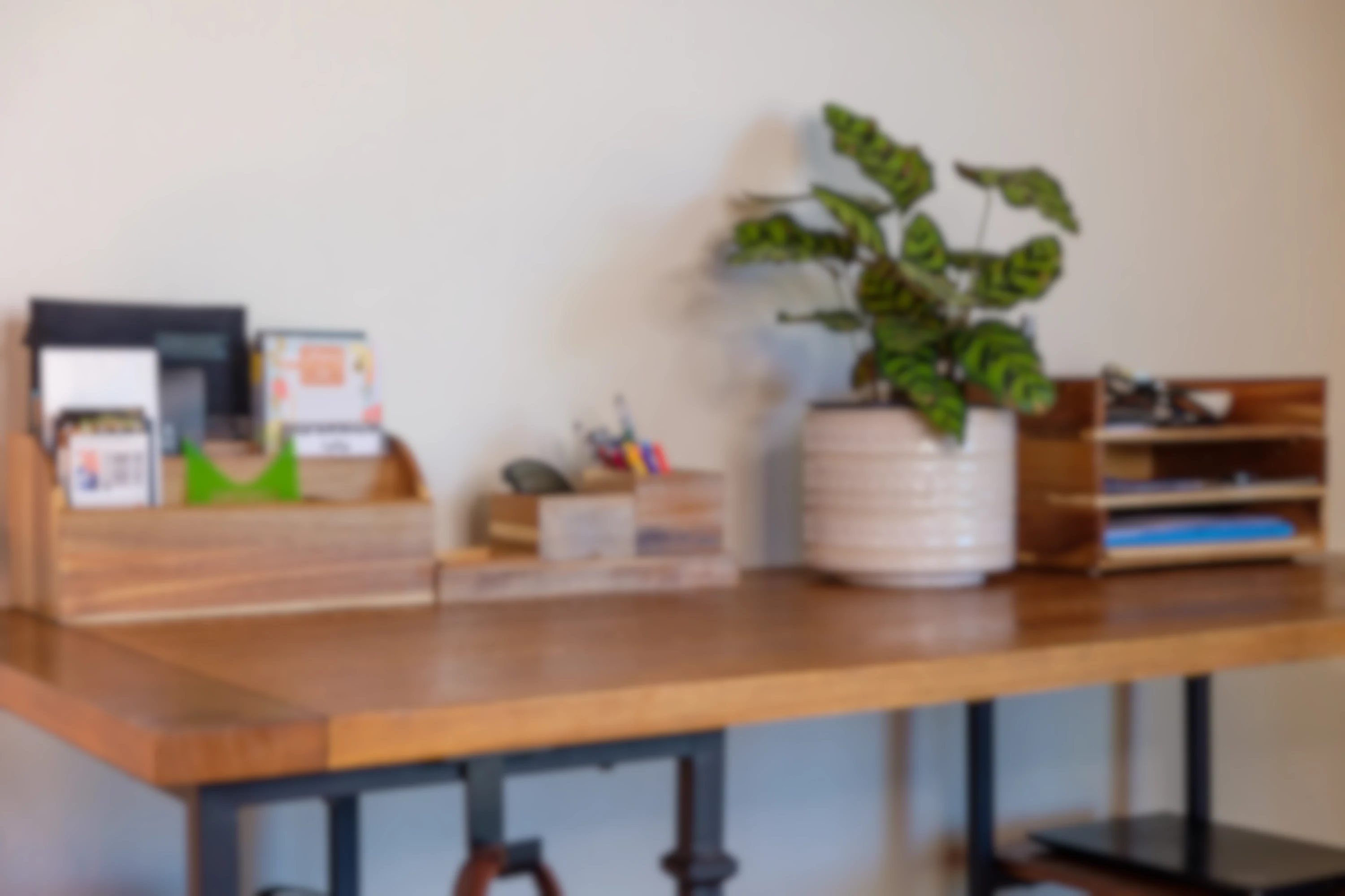 A background image showing a clean and organized desk